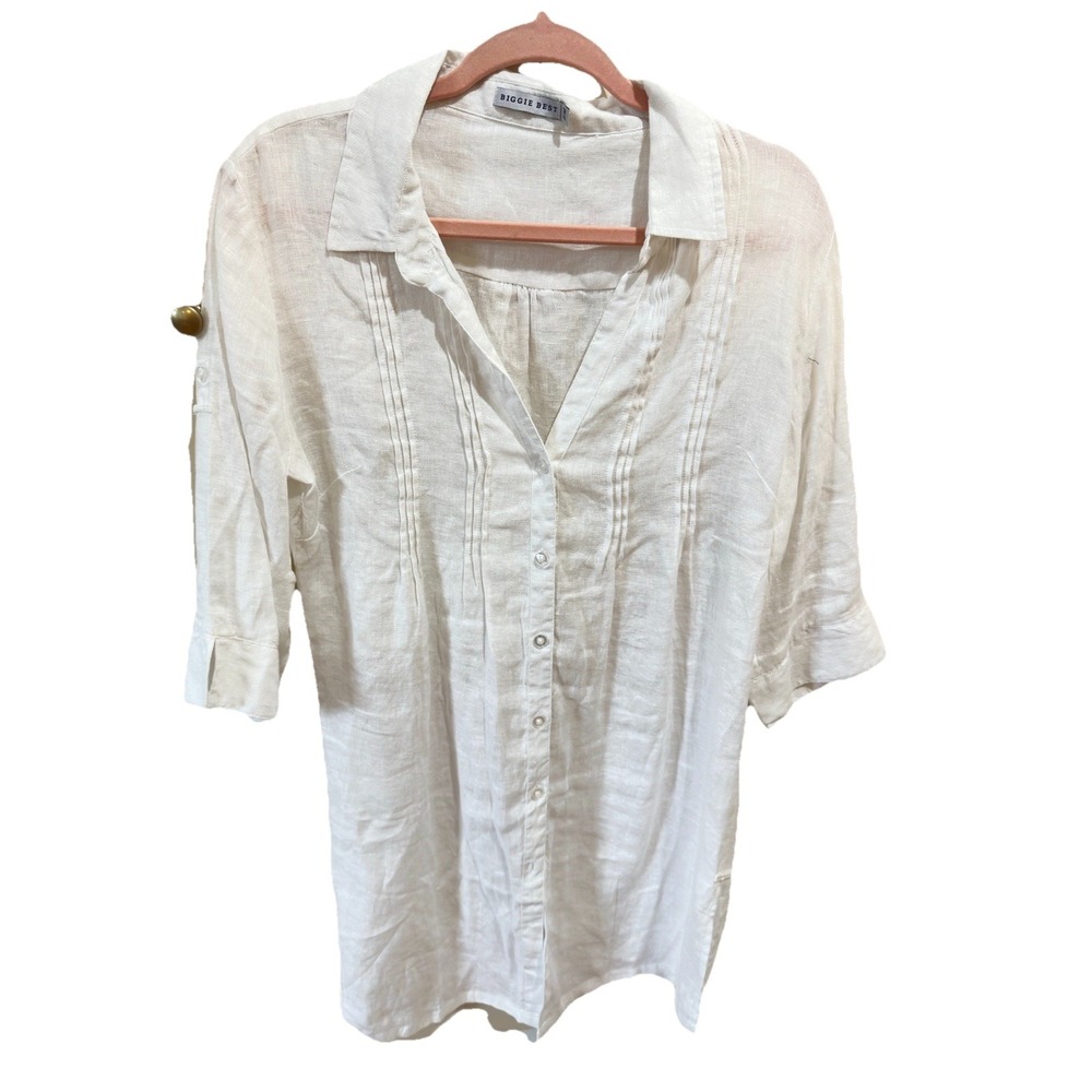 Biggie Best White Linen Shirt Dress Tunic Pleated Front Resort Womens‎ S/M